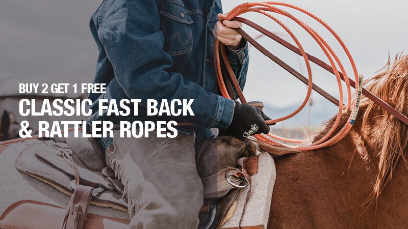 Close-up shot of man on horseback with detail shot of him holding rope. Text reads "Buy 2 Get 1 Free: Classic Fast Back & Rattler Ropes"