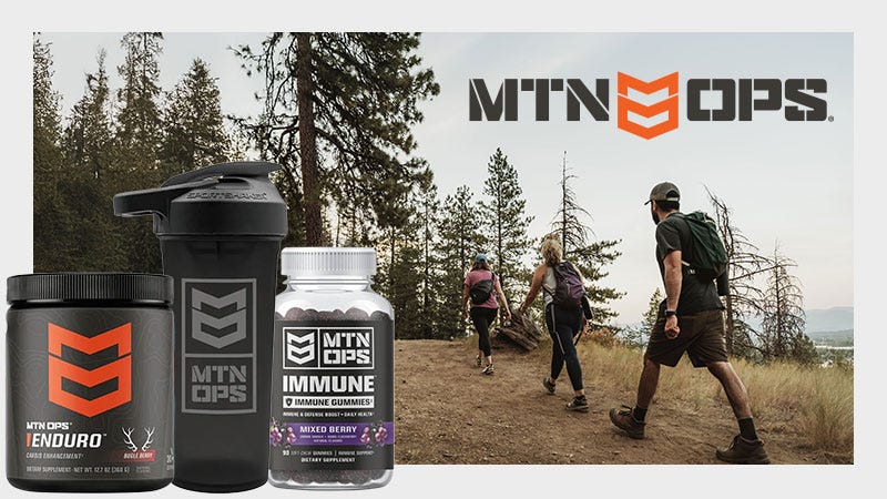 Shot of three people hiking on a mountain. The MTN OPS logo above them in the sky. There are three MTN OPS products in front of the image: Energy Powder, Immune Gummies, and Sports Shaker Bottle.