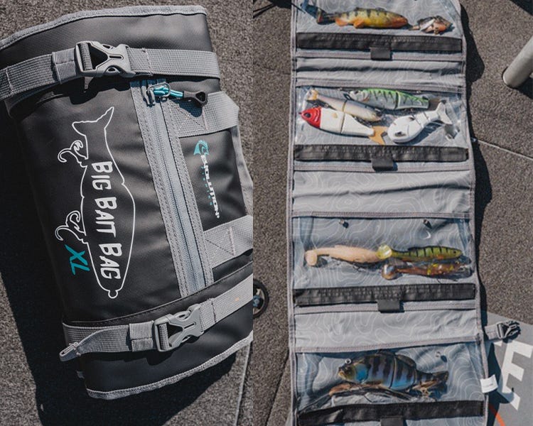 the evolution big bait bag folded, and unfolded holding a bunch of different swimbaits