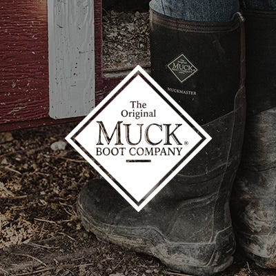 picture of muck boot in the background with white muck logo in the front 