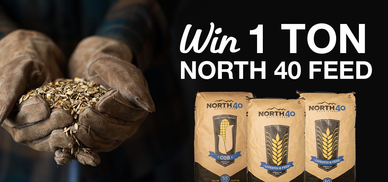 hands in gloves holding feed with promotional messaging that reads win 1 ton North 40 Feed