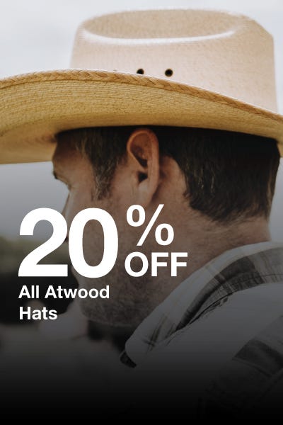 Promotional graphic announcing 20% off all Atwood hats.