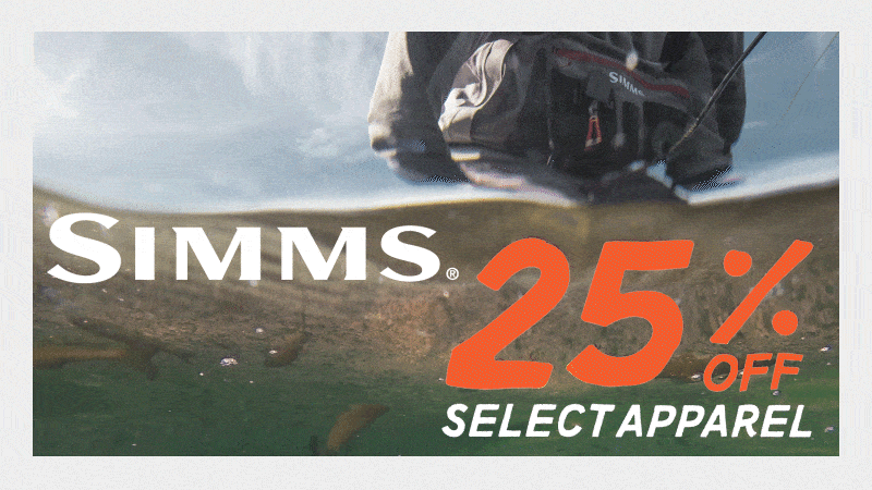 Simms 25% Off Select Apparel with a video of a man and waving water in the background