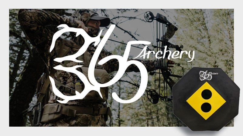 A person dressed in camouflage holds a compound bow in a forest, with the large text "365 Archery" prominently overlaid. In the bottom right corner, there is an octagonal black and yellow archery target.