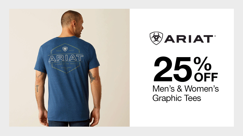 Gif of Ariat models modeling graphic tees for men and women. Text reads "25% off men's & women's graphic tees."