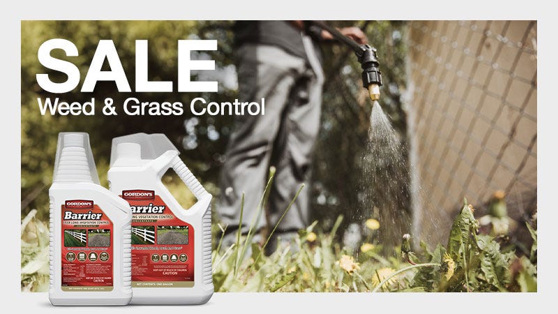 Extreme close-up shot of man spraying weed from low angle. Text to the right reads "Sale Weed & Grass Control"