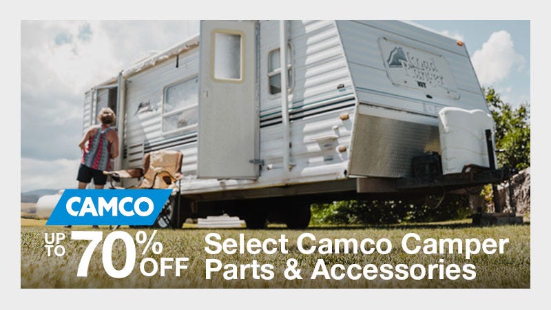 Low angle shot of a camper. Text reads "Up to 70% Off Select Camper Parts & Accessories."