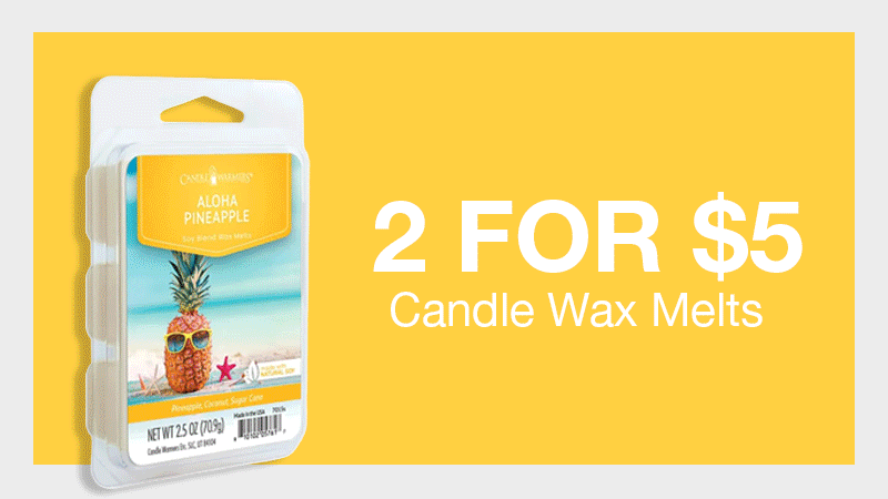 Flashing gif of candle wax melt going through different fragrance scents. Text reads "2 for $5; candle wax melts"