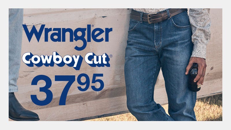 Mid shot of man leaning against car with focus of front facing Wrangler jeans. Text reads "Wrangler Cowboy Cut $37.95"