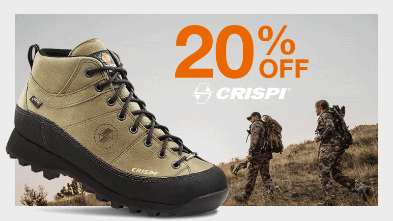 Image of man & woman walking up a hill. Product images flashing through different Crispi hunting boot styles. Text reads "20% off crispi."