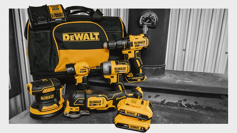 colored dewalt tools against black and white background