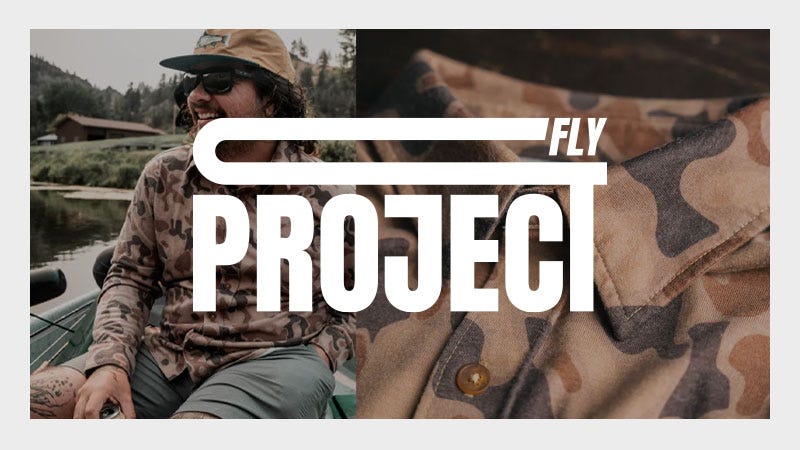 A man wearing sunglasses, a brown cap, and a brown camouflage-patterned shirt sits outdoors on a boat, smiling, with a close-up of the shirt's fabric and buttons beside him; the words "PROJECT FLY" are bold and prominent across the image.