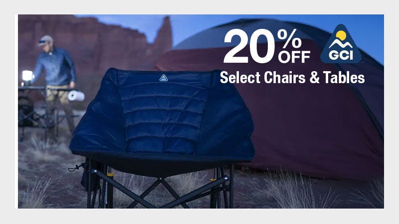 Image of GCi chair as focus with landscape of desert for background. Text reads in upper right corner "20% Off GCI: Select Chairs & Tables."