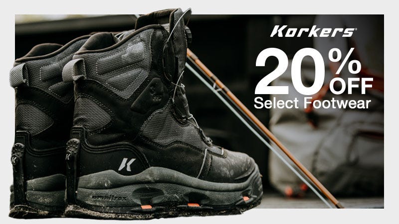 Image of Korker boots on the back of the bed of the truck; text reads "20% off select footwear"