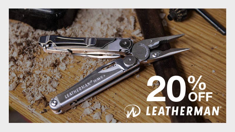Subject of image is a stainless steel leatherman pocket tool with a darker overlay on background to highlight tool. Text rads "20% off leatherman"