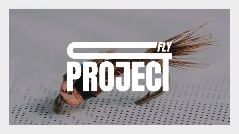A close-up of a fishing fly placed on a sheet with tiny holes, overlaid with bold white text that reads "FLY PROJECT."