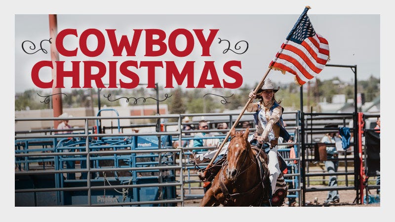 Woman riding a horse hold ing an America flag. To the left of empy space text reads "Cowboy Christmas"