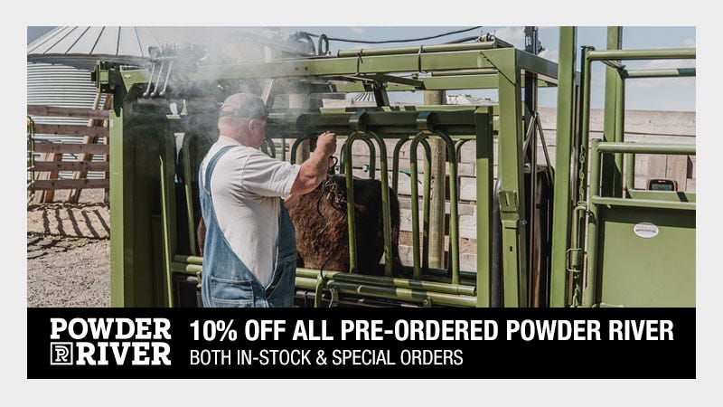 Image of man branding a cow in a Powder River cattle chute. Text reads below in black bar "10% OFF All Pre-Ordered Powder River; Both In-Stock & Special Orders."