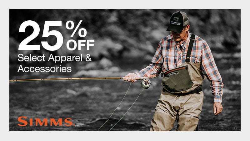 Man wading in river. Text reads "25% Off Select Apparel & Accessories."