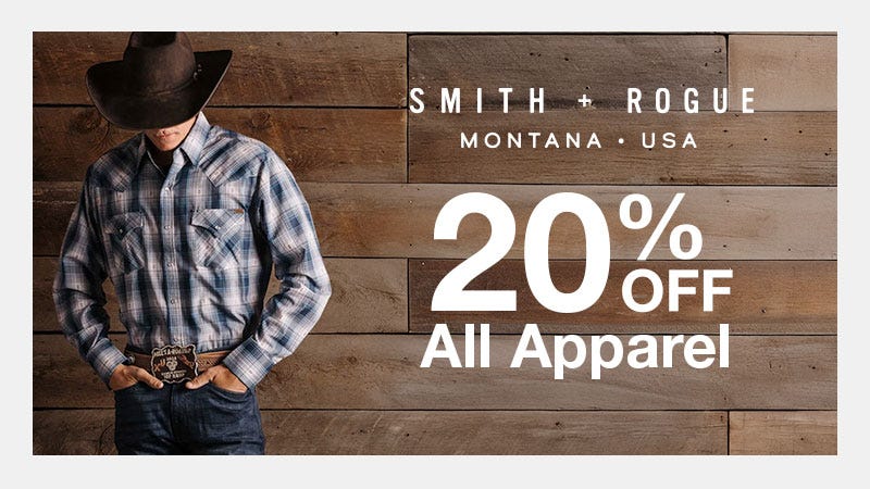 Man wearing a plaid Western shirt, cowboy hat, and belt buckle stands in front of a wooden wall. Text on image reads: "Smith + Rogue, Montana • USA, 20% Off All Apparel."