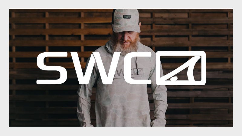 A bearded man wearing a camouflage cap and shirt stands in front of a wooden wall, with the large white letters "SWC" and a logo featuring a fishing hook superimposed over him.