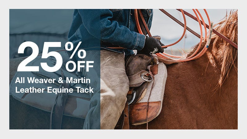 Close shot of woman on horse; focus on saddle and reins. Text reads on the left "25% OFF All Weaver & Martin Leather Equine Tack."