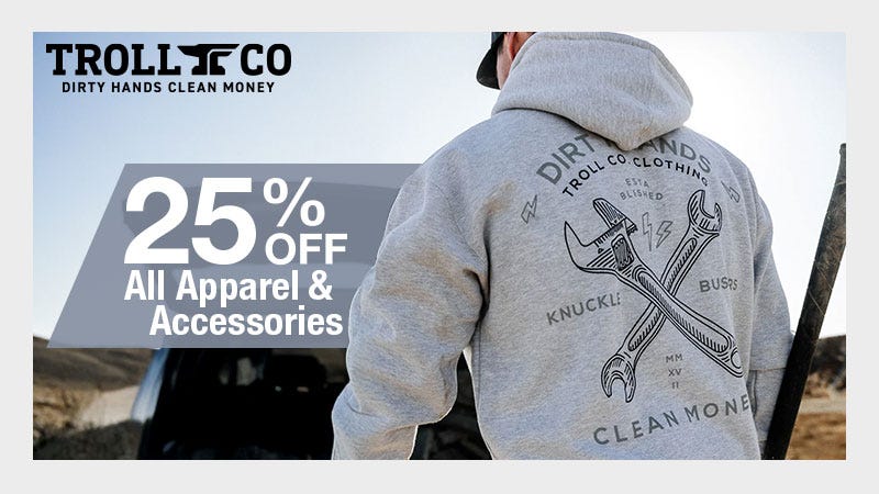 Behind shot of man in Troll Co. hoodie. Text reads "25% OFF All Apparel & Accessories."