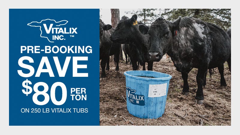 Image has a blue rectangle on the side for text readability. To the right is a photo of cows eating from Vitalix tub. Text reads "Pre-Booking Save $80 per ton on 250 lb vitalix tubs."