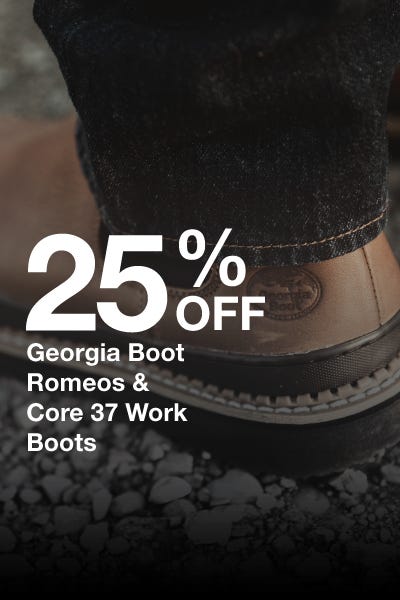 Promotional image for 25% off Georgia Boot Romances and various work boots, highlighting a limited-time offer.