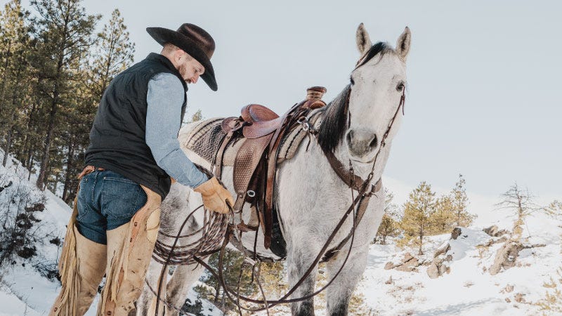 man kneeled down petting pony