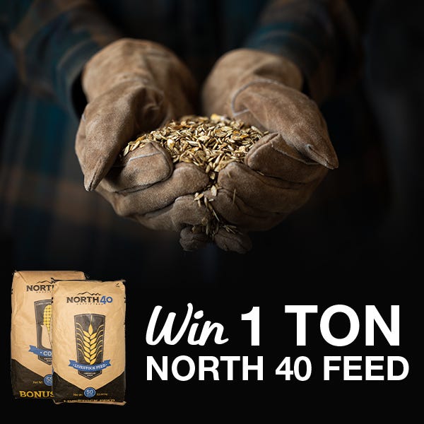 hands in gloves holding feed with promotional messaging that reads win 1 ton North 40 Feed