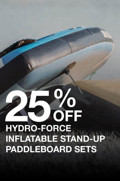 Promotional image featuring inflatable stand-up paddleboard sets with a 25% discount, set against a scenic water backdrop.