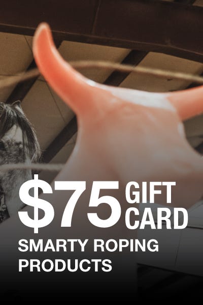 A person presents a bull head featuring a $75 gift card for Smarty Roping Products, highlighting the promotional item.