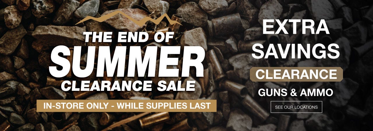 End of summer guns & ammo clearance sale banner featuring bold text and vibrant colors, promoting discounts on seasonal items.