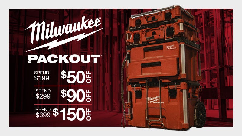 Promotional image for Milwaukee Packout storage boxes showing a stacked set of red toolboxes with wheels. The ad offers discounts of $50 off $199, $90 off $299, and $150 off $399, with the Milwaukee logo at the top left.