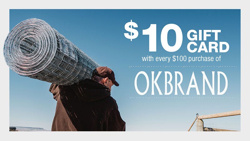 Man Installing Fencing from OK Brand with Caption $10 Gift Card with every $100 Purchase of OK Brand
