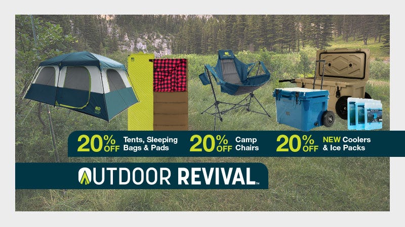 Outdoor Revival 20% Off sale featuring various camping gear and tents displayed on a grassy area under a clear blue sky.