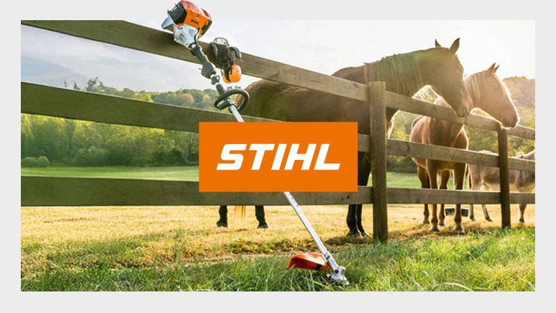 STIHL Trimmer Leaning Against Fence with Horses