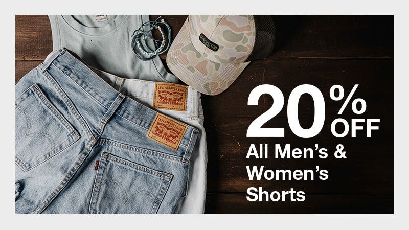 Flatlay of a Blue Denim Jean Short and White Denim Jean Short with the text "20% Off All Men's and Women's Shorts"