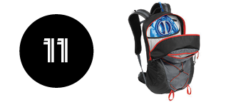 white number 11 on black circle with camelbak backpack image to the right