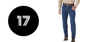 white number 17 on black circle  with wrangler denim jeans image to the right