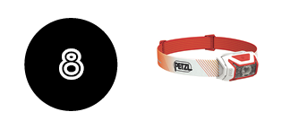 white number 8 on black circle with petzl headlamp image to the right