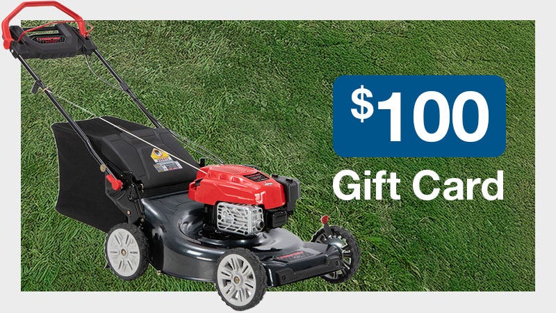 $100 North 40 gift card for purchasing a Troy-Bilt lawn mower, featuring a green design with a Troy-Bilt mower graphic.