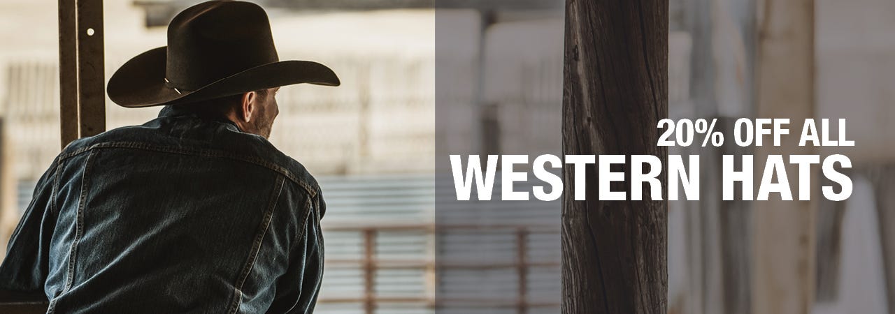 Behind shot of man in shadowed area. Focus on felt cowboy hat. Text reads "20% OFF All Western Hats"