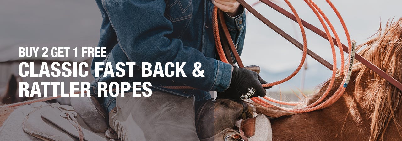 Close-up shot of man on horseback with detail shot of him holding rope. Text reads "Buy 2 Get 1 Free: Classic Fast Back & Rattler Ropes"