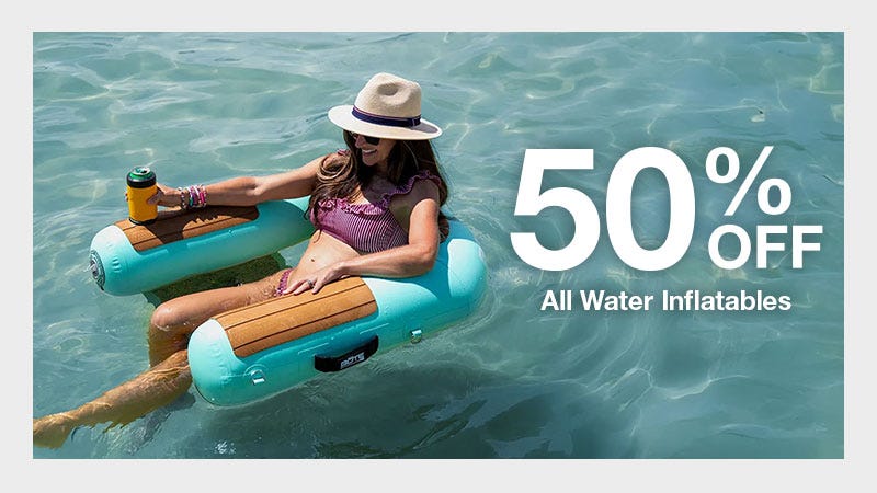 Eye-catching graphic highlighting a 50% discount on water inflatables, showcasing a woman in an inflatable chair.