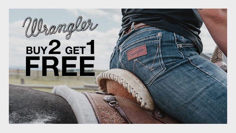 A woman riding a horse with a promotional message: "Wrangler Buy 2, get 1 free" displayed prominently.