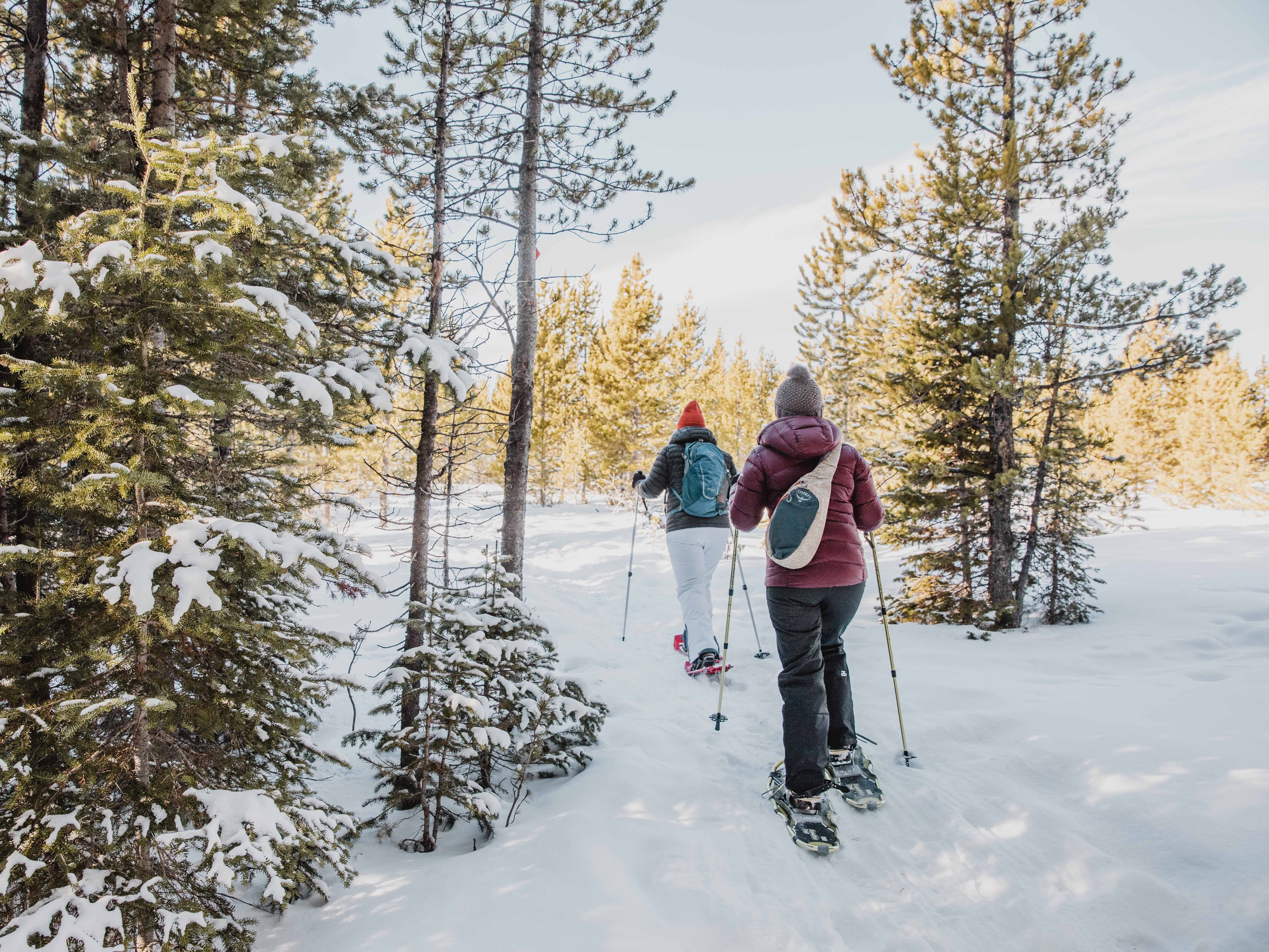 Two women snowshoeing