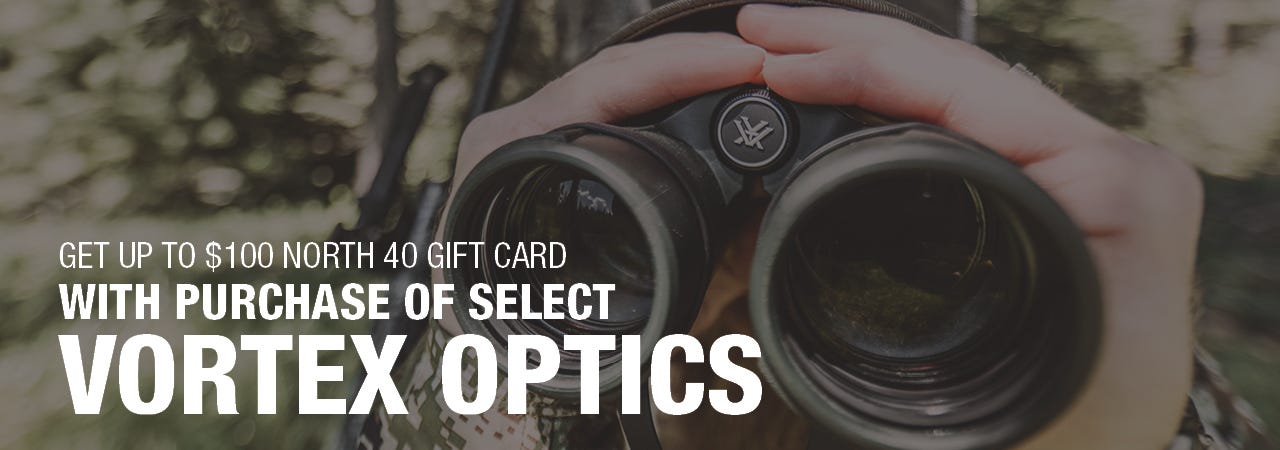Extreme close up shot of man holding Vortex binoculars. Text reads "Get up to $100 North 40 Gift Cards With Purchase of Select Vortex Optics"