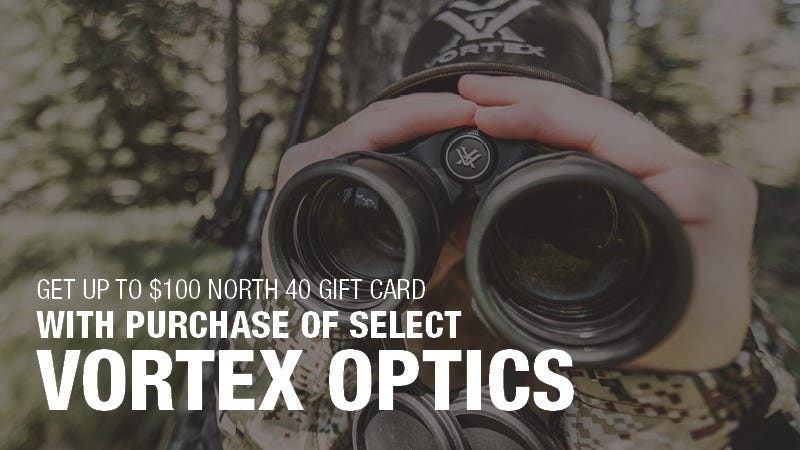 Extreme close up shot of man holding Vortex binoculars. Text reads "Get up to $100 North 40 Gift Cards With Purchase of Select Vortex Optics"